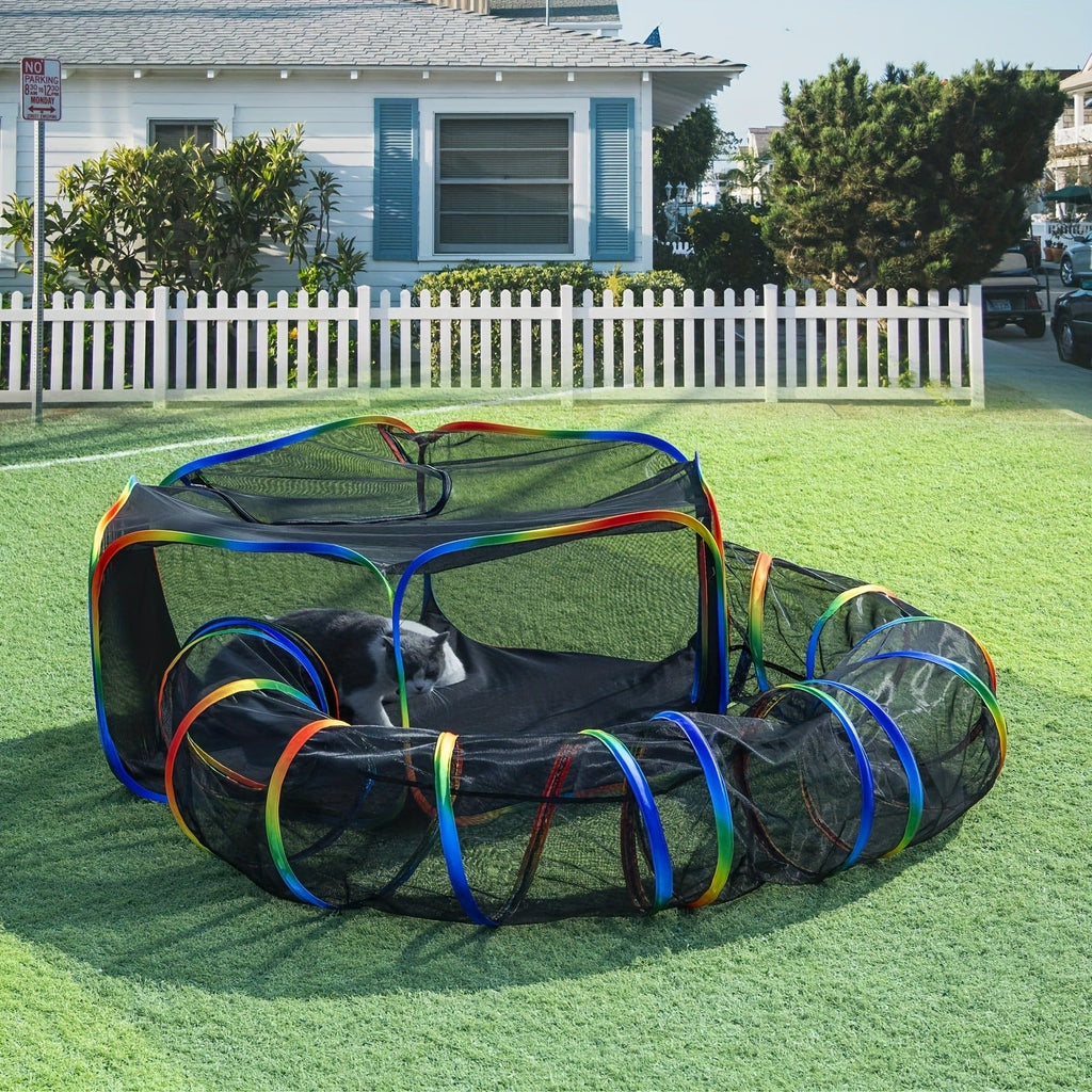 Outdoor Cat Enclosure with Play Tunnel – Portable Catio Tent & Cat Playpen for Indoor Cats, Cage-Free Outside Cat Run with Enclosed Tunnel