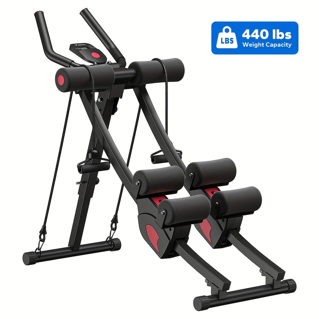 Ab Machine Adjustable Dual-Track Core Trainer with LCD Display – Foldable Ab Roller 440LB Capacity, 110° Curved Track & Knee Pad for Home
