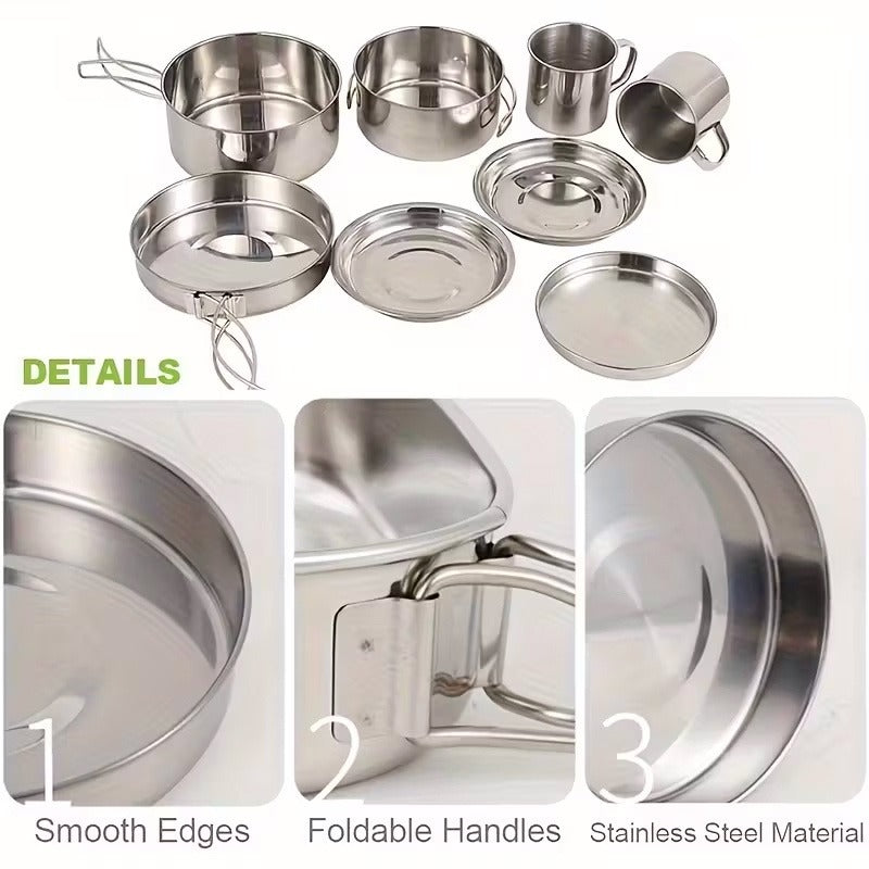 Camping Tableware Set 8 Piece Stainless Steel – Portable Outdoor Dining Set with Foldable Handle Plates, Cups & Utensils | Lightweight