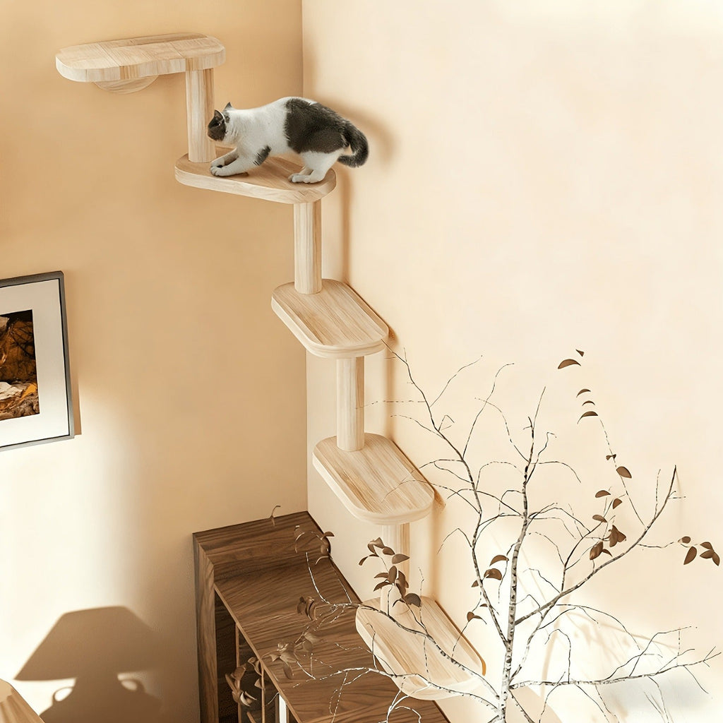 Five-Step Wall-Mounted Cat Tree with 85cm Vertical Wood Frame and Staggered Rectangular Platforms