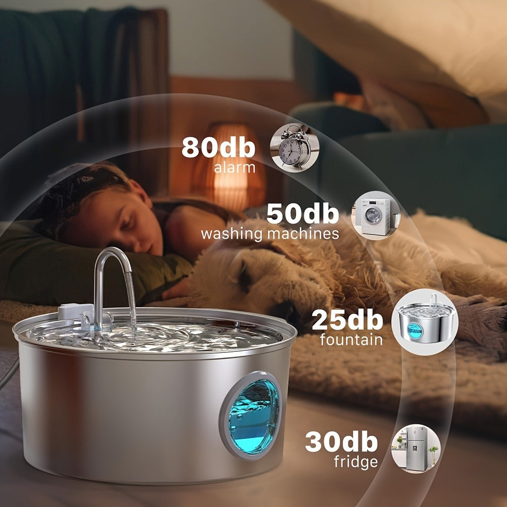 7L Pet Water Fountain with Stainless-Steel-Marked Basin, Water-Level Window and Dual Arched Outlets