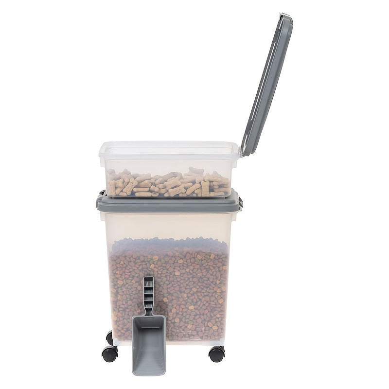 30QT and 10QT Stacking Pet Food Bin Set with Long Scoop, Front Latch and Removable Caster Wheels