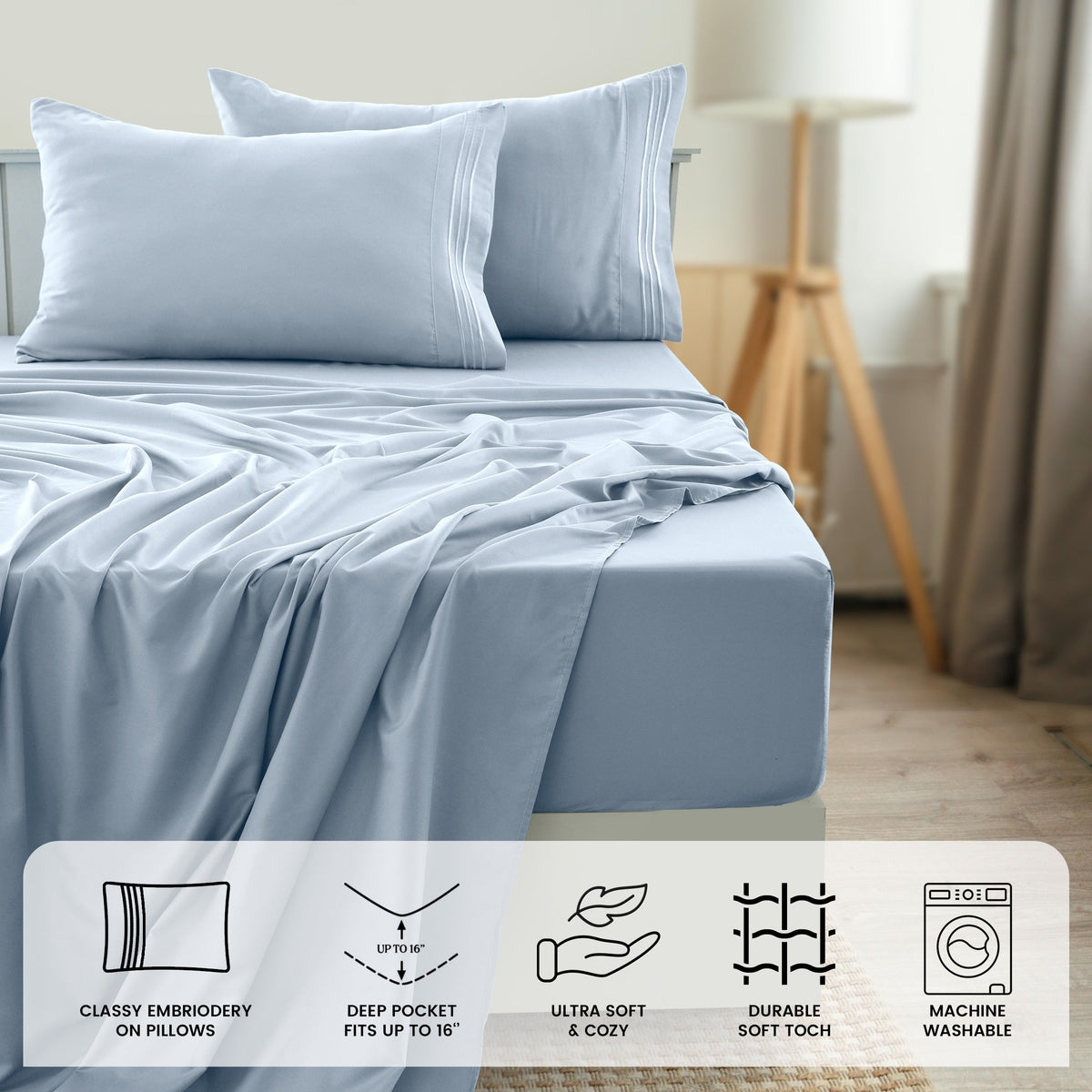 Fitted Sheet Set 6-Piece Brushed Polyester Deep Pocket Bed Sheets 20 Colors Hotel Luxury Bedding with Embroidered Pillowcases
