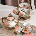 20-Piece Floral Ceramic Tea Set with Saucers & Metal Stand, European Afternoon Tea Service, Blooming Design