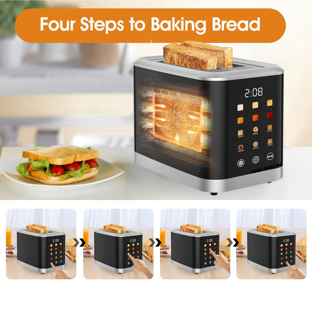 Smart Digital Toaster 2 Slice with Touch Screen LCD Display, 6 Bread Types & 6 Shade Settings, Extra Wide Slots, Stainless Steel – Bagel