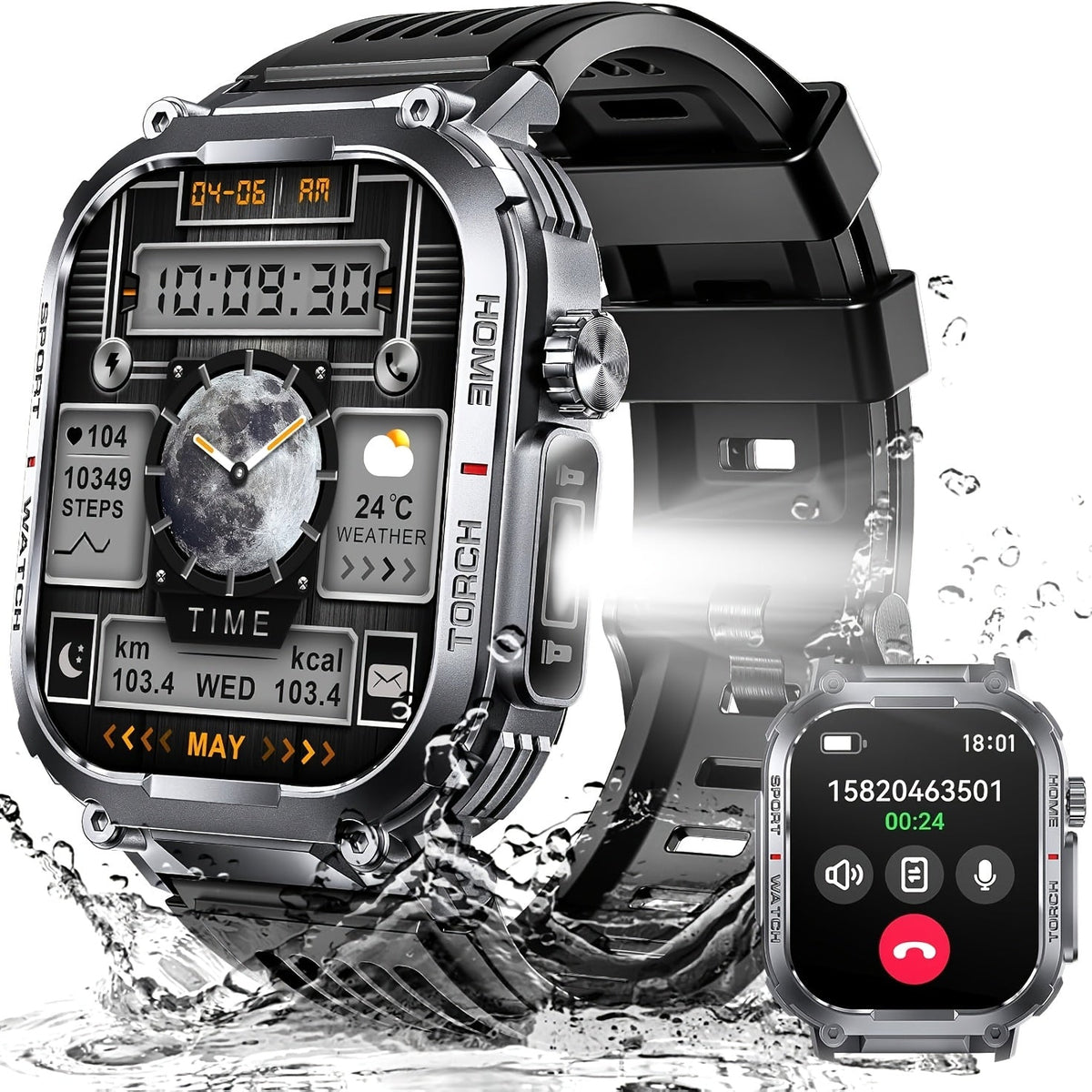 Smart Watch 2.02-Inch Rugged Display with Calling, LED Flashlight, 400mAh Battery and Black Band