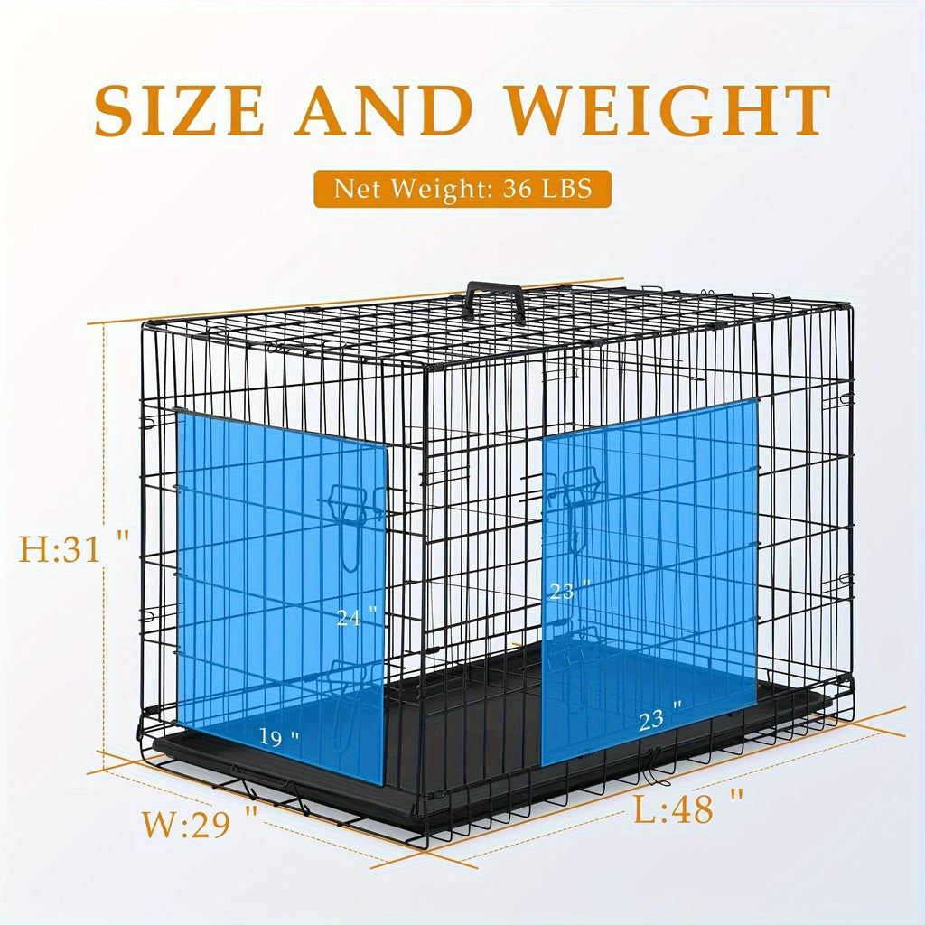 Dog Crate Double Door Folding Metal Cage with Divider & Leak-Proof Tray – 42 & 48 Inch Wire Kennel for Puppies, Medium & Large Dogs