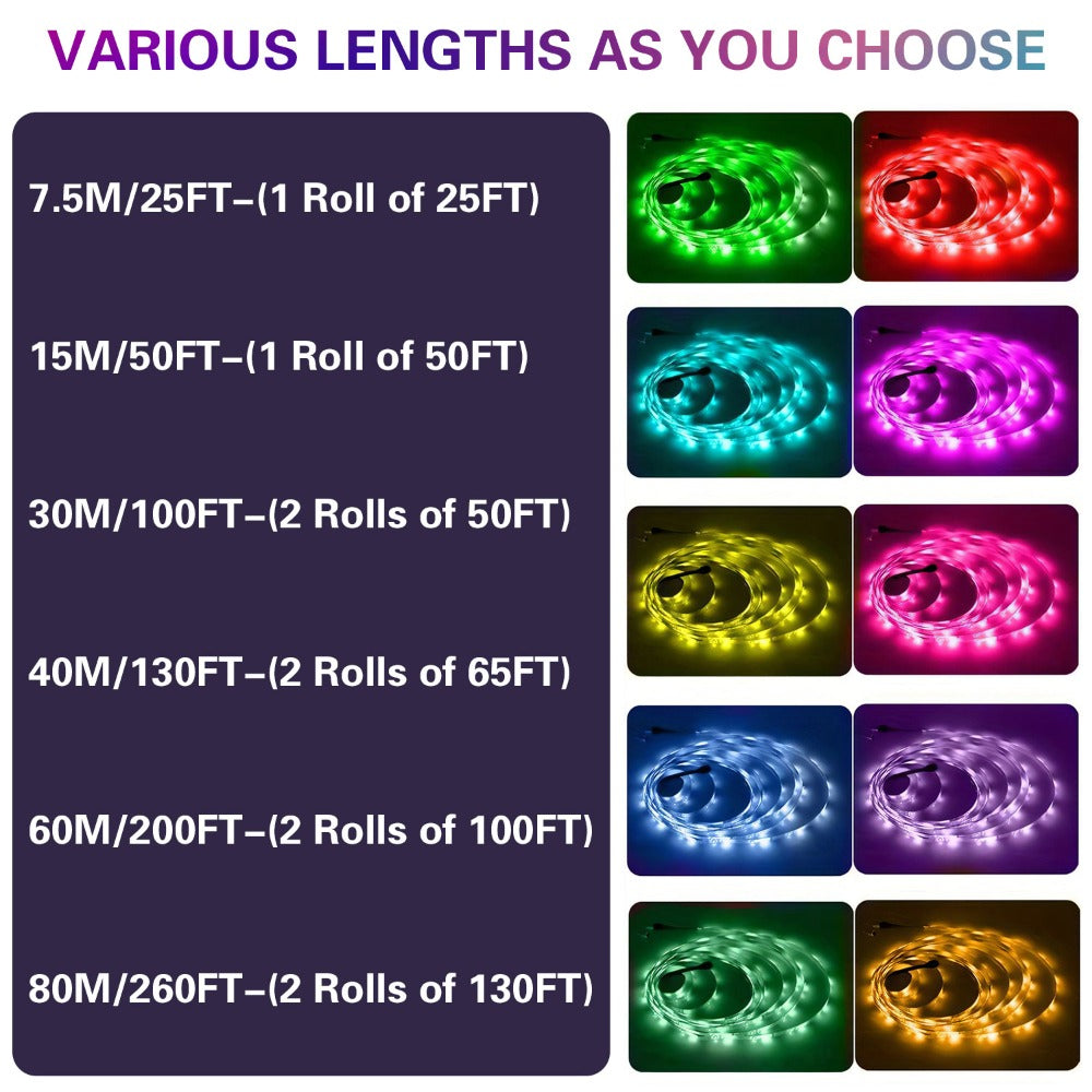 RGB LED Smart Light Strip 200FT Music Sync Color Changing, 44-Key Remote, Multi-Color Adjustable