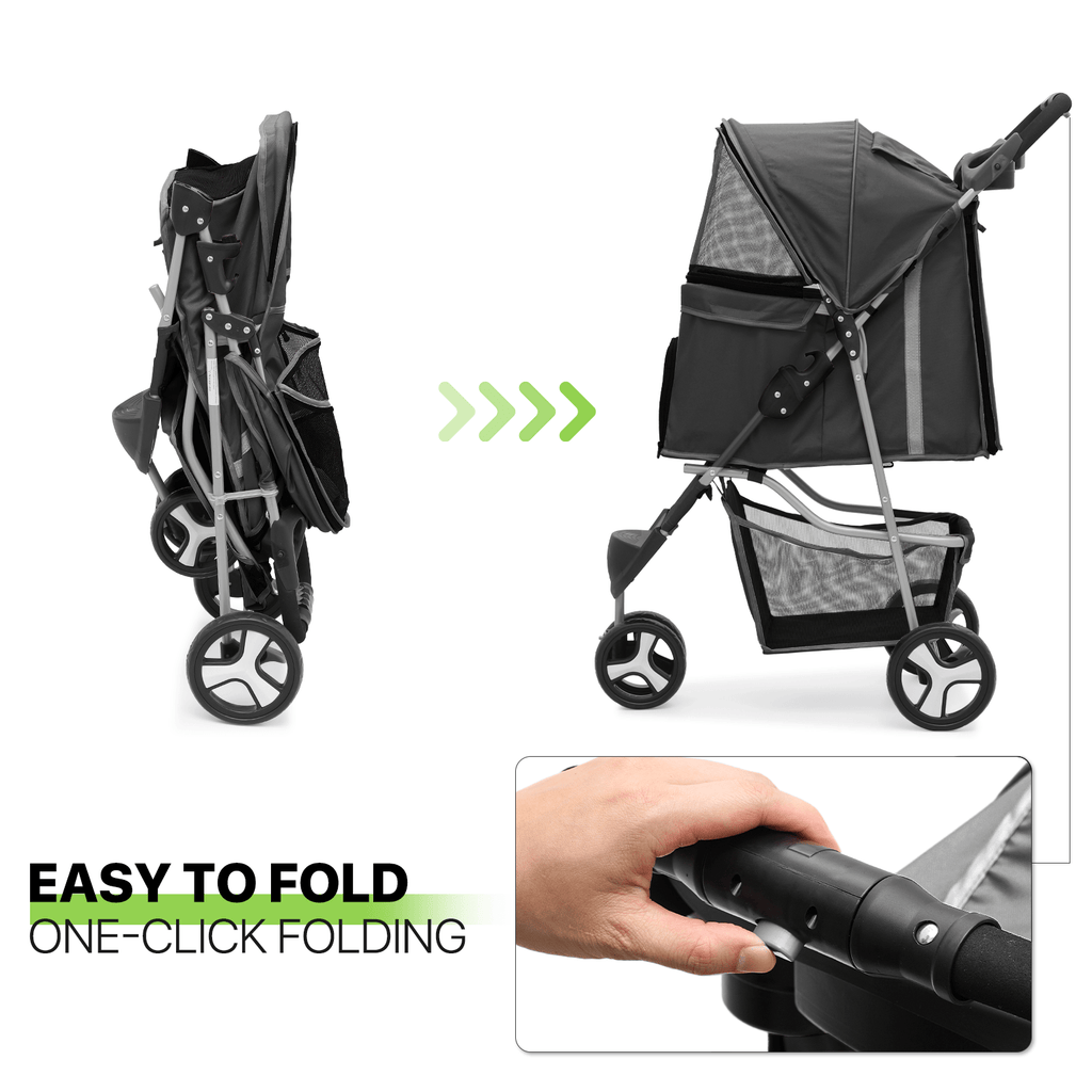Three-Wheel Pet Stroller with Folding Mesh Cabin, Cup Tray, Lower Basket and Eleven Color or Print Options