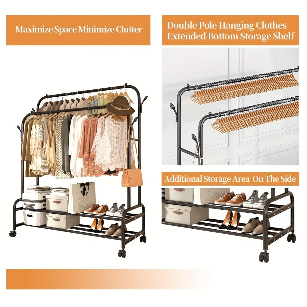 Double Rod Clothes Rack with Wheels Metal Garment Rack with Shelves and Hooks Portable Closet Organizer for Bedroom Living Room Gold