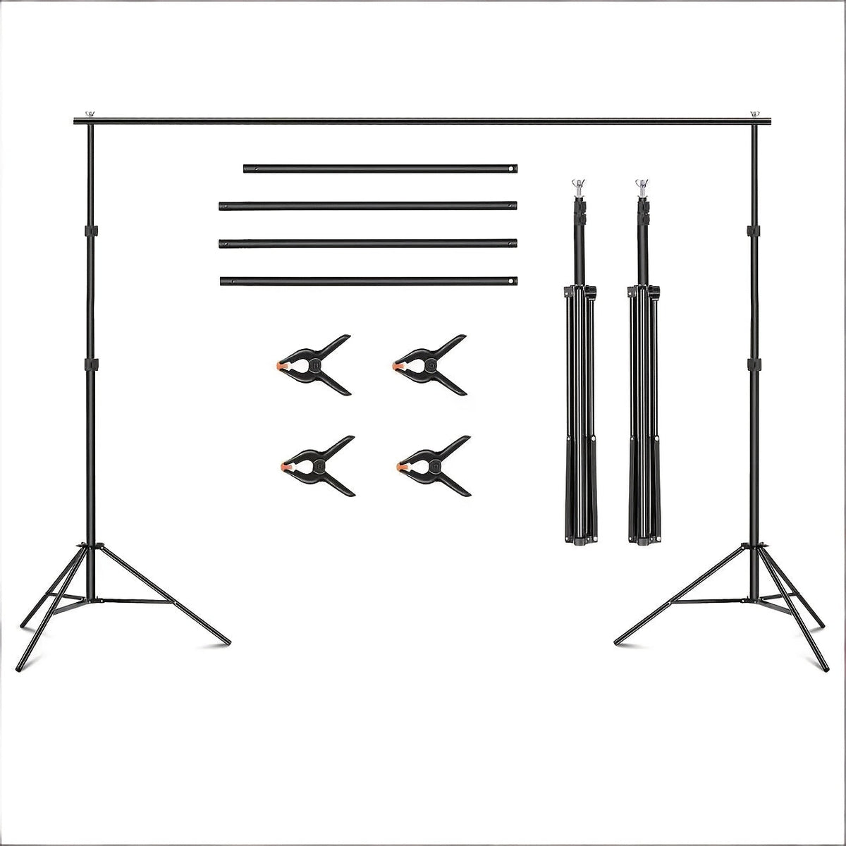 Adjustable Photography Backdrop Stand Kit in 10 x 7-Foot Size with Two Tripods, Four Crossbars, Four Clamps and Carry Bag