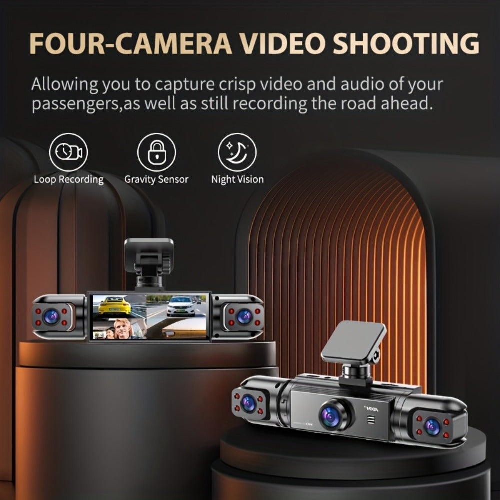 360° Panoramic Dash Cam 3 & 4 Lens 1080P HD Front + 720P Rear Left Right, Quad-Split Screen, HD Night Vision WDR G-Sensor Loop Recording