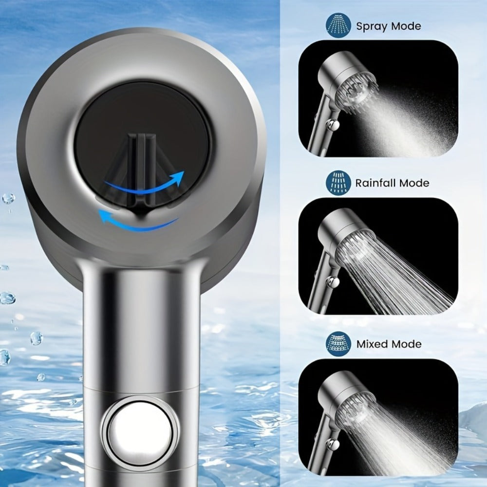 Handheld Shower Head with Rotating Spray Selector, On-Off Button, Hose, Five Cartridges and Two Bracket Options