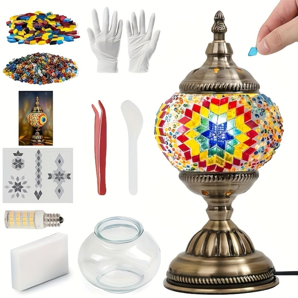 DIY Turkish Moroccan Mosaic Lamp Kit Handmade Glass Metal Brass Dimmable Bohemian Table Light for Entryways, Bedrooms and Living Spaces