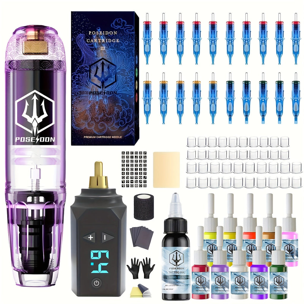 Tattoo Machine Kit POSEIDON TK039 Cordless Rotary Pen with LED Display, 20 Cartridges, 10 Inks and Practice Supplies