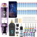 Tattoo Machine Kit POSEIDON TK039 Cordless Rotary Pen with LED Display, 20 Cartridges, 10 Inks and Practice Supplies
