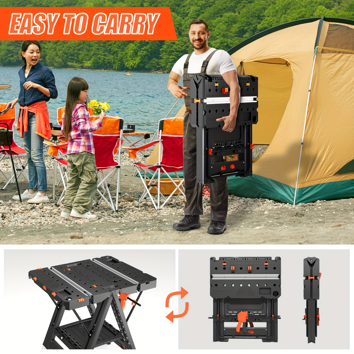 Folding Workbench 2-in-1 Portable Work Table, Height-Adjustable Sawhorse Workbench with 4 Woodworking Clamps