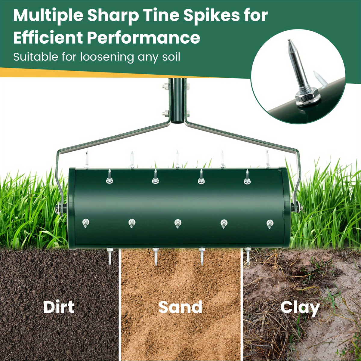 Rotary Lawn Aerator 18" Spike Drum with 27 Galvanized Steel Spikes, Fillable with Sand or Stone