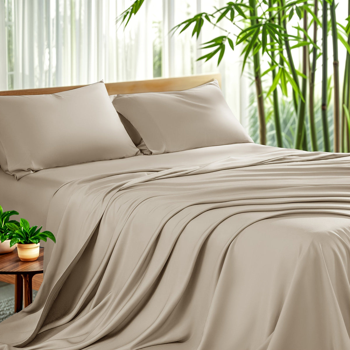 Sheet Set, Four-Piece Bamboo-Blend Plain-Weave Bedding with 16-Inch Fitted Pocket and Thirteen Solid Colors