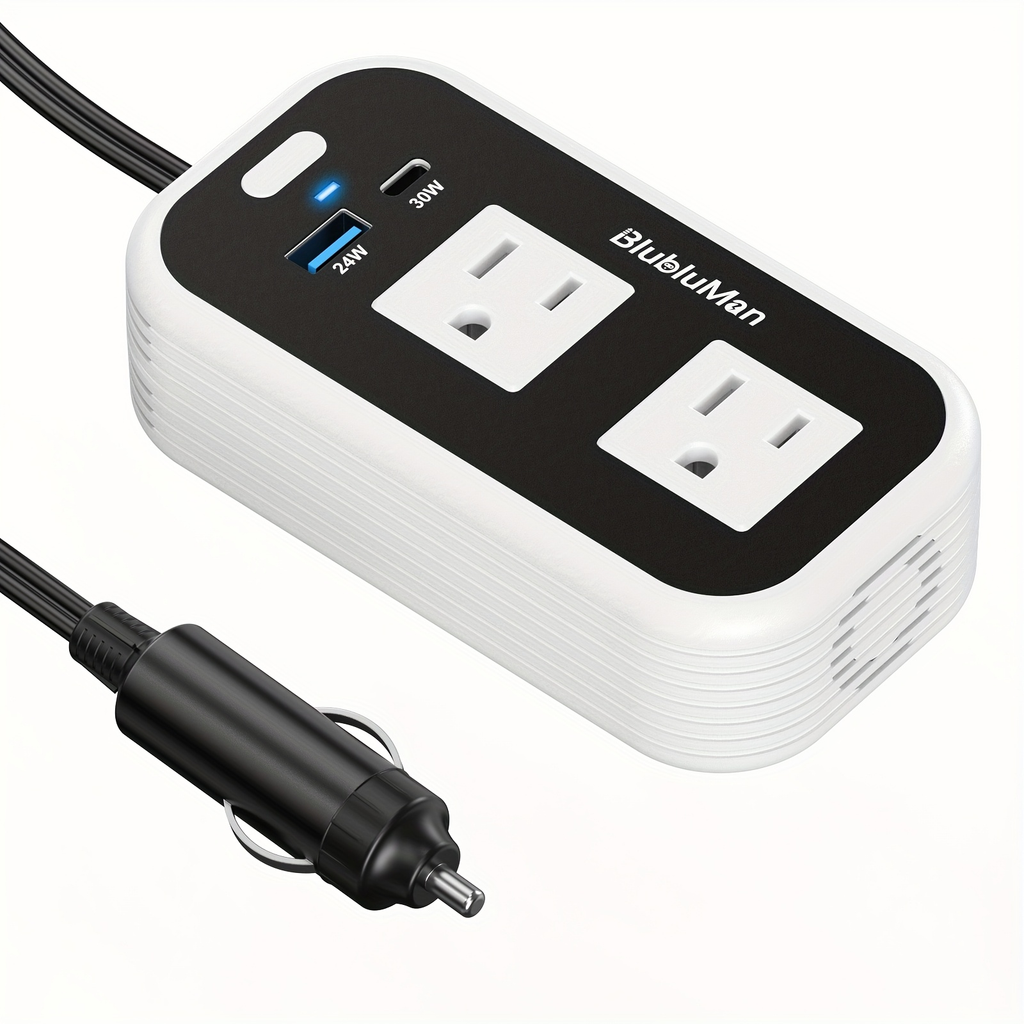 White-and-Black 200W Car Power Inverter with Two AC Outlets, 30W PD USB-C and 24W QC3.0 Ports