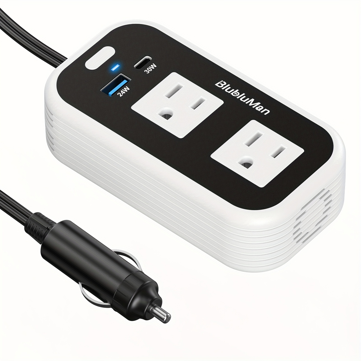 White-and-Black 200W Car Power Inverter with Two AC Outlets, 30W PD USB-C and 24W QC3.0 Ports