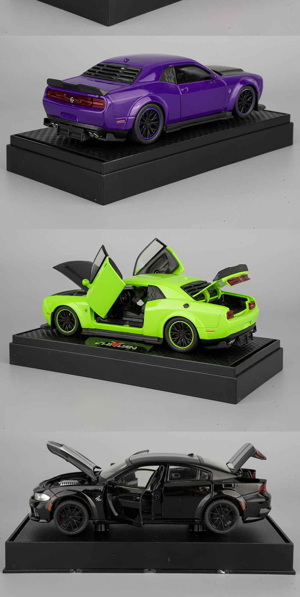 Purple Dodge Sports Car Zinc Alloy Diecast Model with Display Base & Openable Doors, High Simulation Static Display Collectible