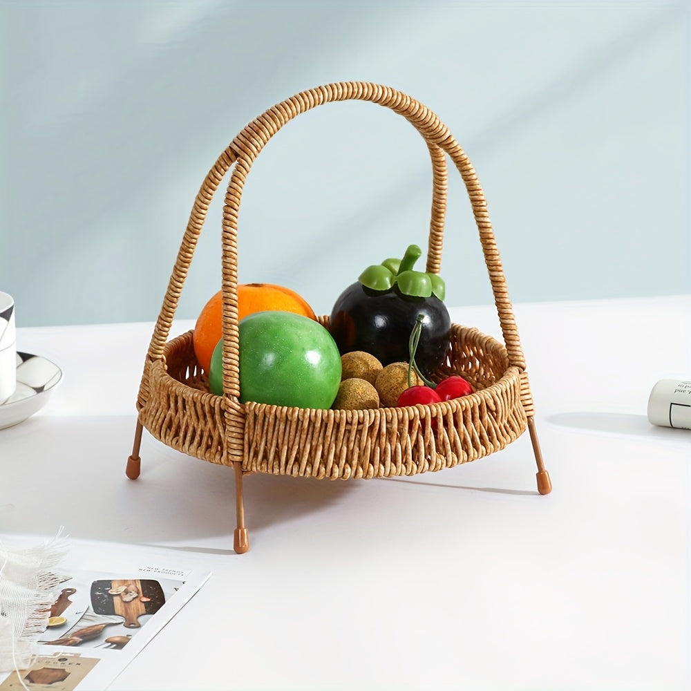 Wire Frame Storage Basket with Imitation Rattan Weave and Iron Structure, 8.66 x 7.87 x 7.87 Inch
