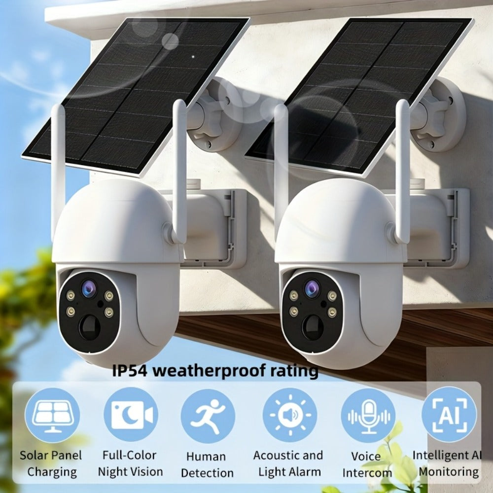 Two-Camera Solar Outdoor Security Set with Two Panels, Full-Color Night View Label and Two-Way Audio