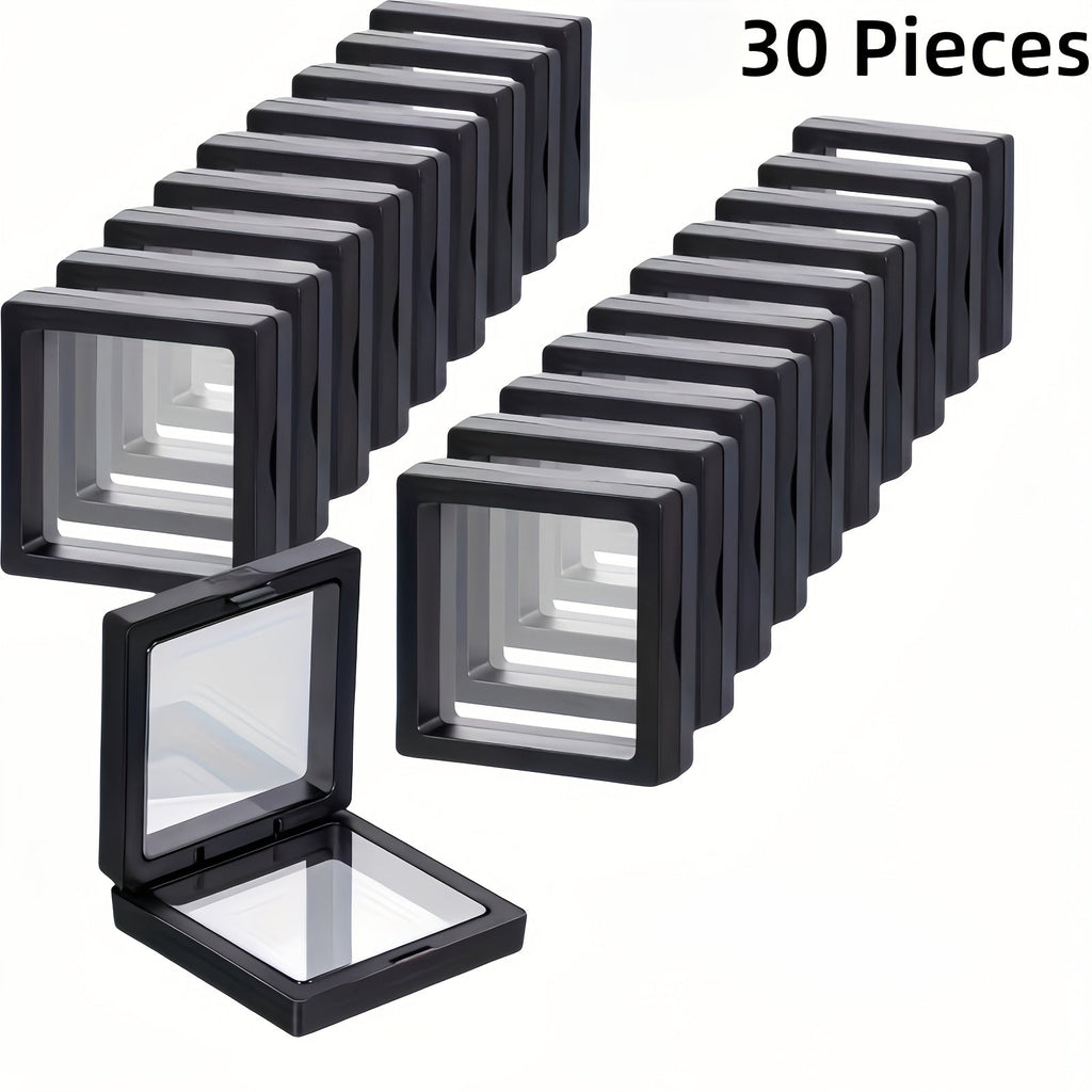 3D Floating Jewelry Display Box Set with Black Frames, Clear Flexible Panels and 30- or 60-Piece Options