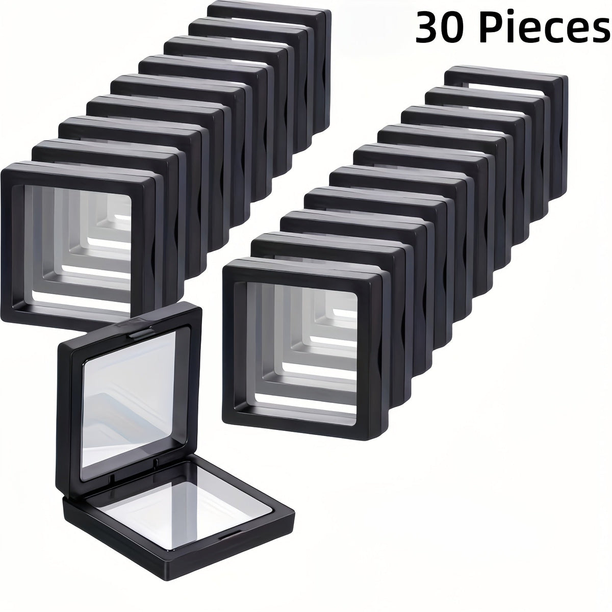 3D Floating Jewelry Display Box Set with Black Frames, Clear Flexible Panels and 30- or 60-Piece Options