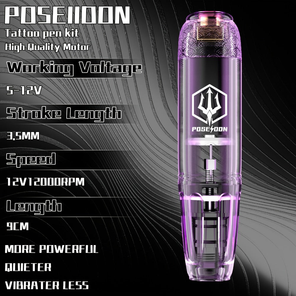 Tattoo Machine Kit POSEIDON SD01 Cordless Pen with 1500mAh Battery, Display, 20 Cartridges and 11 Inks