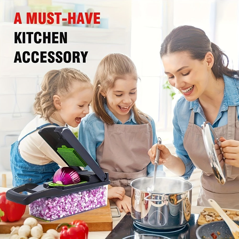 Vegetable Chopper 16-in-1 Manual Food Chopper Set, 8 Interchangeable Blades with Container, Grater & Strainer