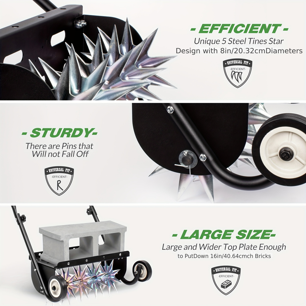 Rolling Lawn Aerator Push Spike 16.5" with 5-Star Steel Tines, Weight Tray & Steel Handle for Deep Soil Aeration