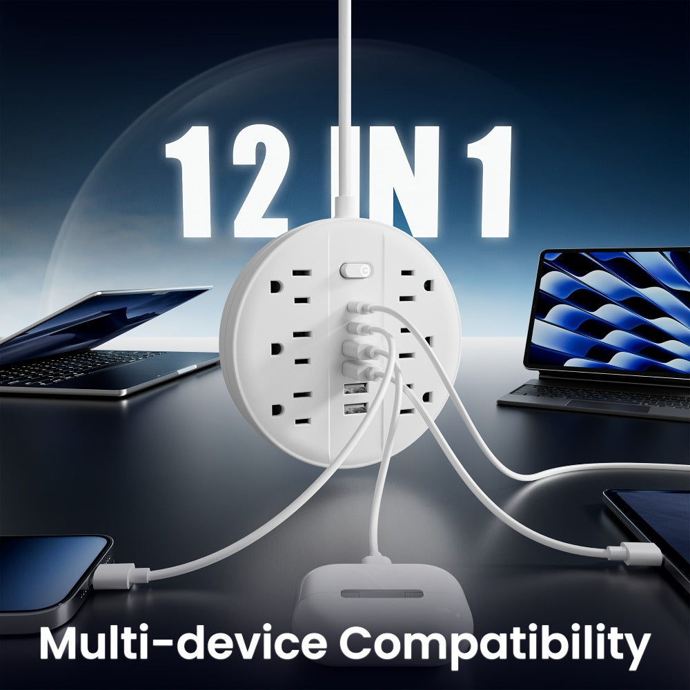 Power Strip 12-in-1 Wall-Mount Surge Protector with 6 AC Outlets, 4 USB-A, 2 USB-C and Three Cord Lengths