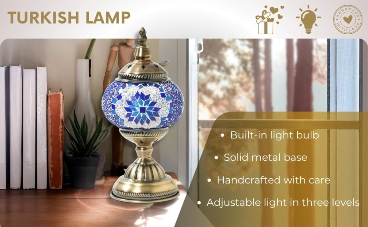 Turkish Moroccan Mosaic Table Lamp Handmade Crystal Glass Spherical Shade 3-Color Adjustable for Entryways, Bedrooms and Living Spaces