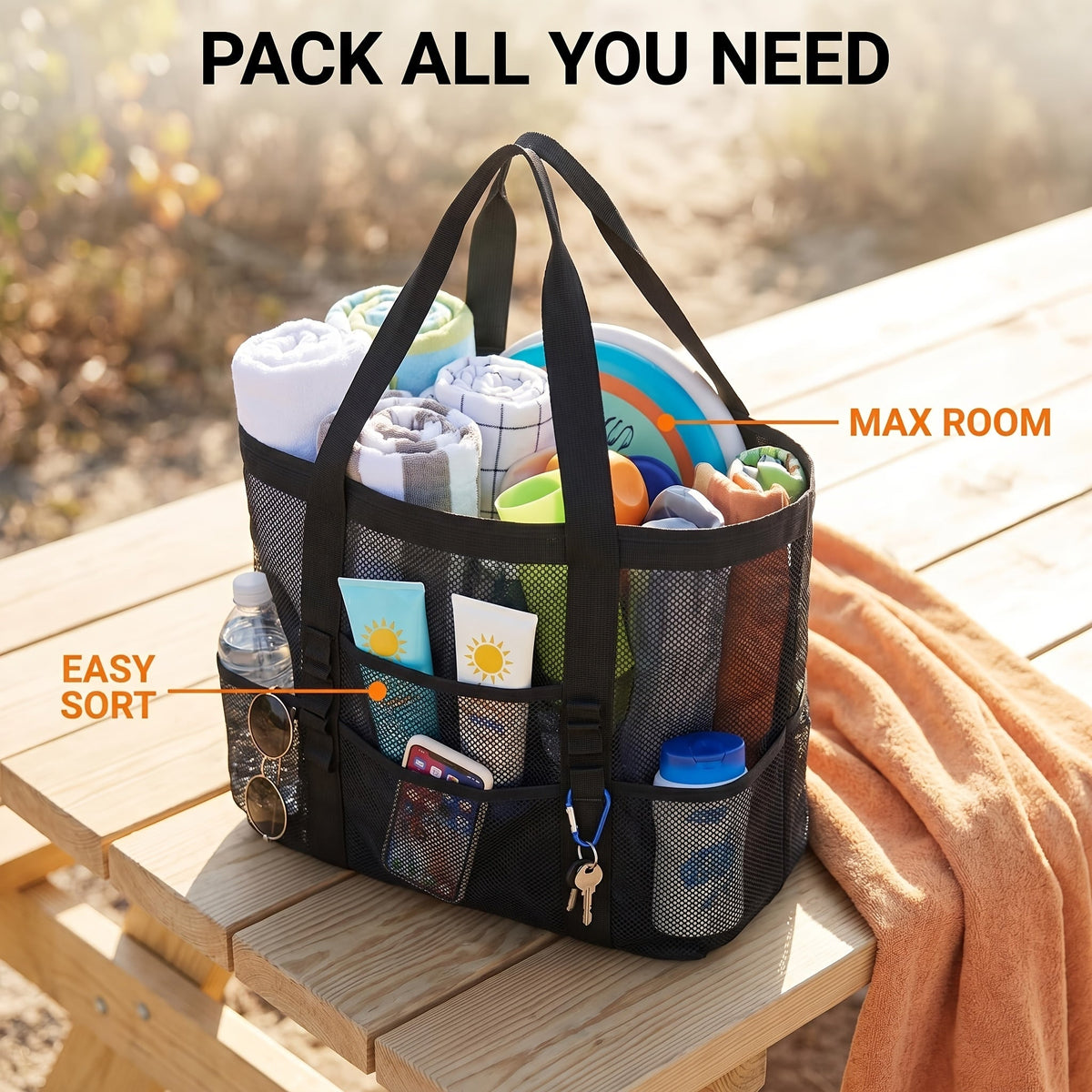 Four-Color Mesh Beach Tote Bag with Open Top, Twin Handles and Multiple Exterior Storage Pockets