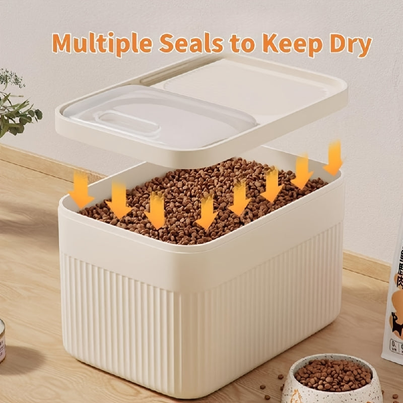 Ribbed Beige Pet Food Storage Bin with Clear Top Access Panel and Rectangular Lidded Design
