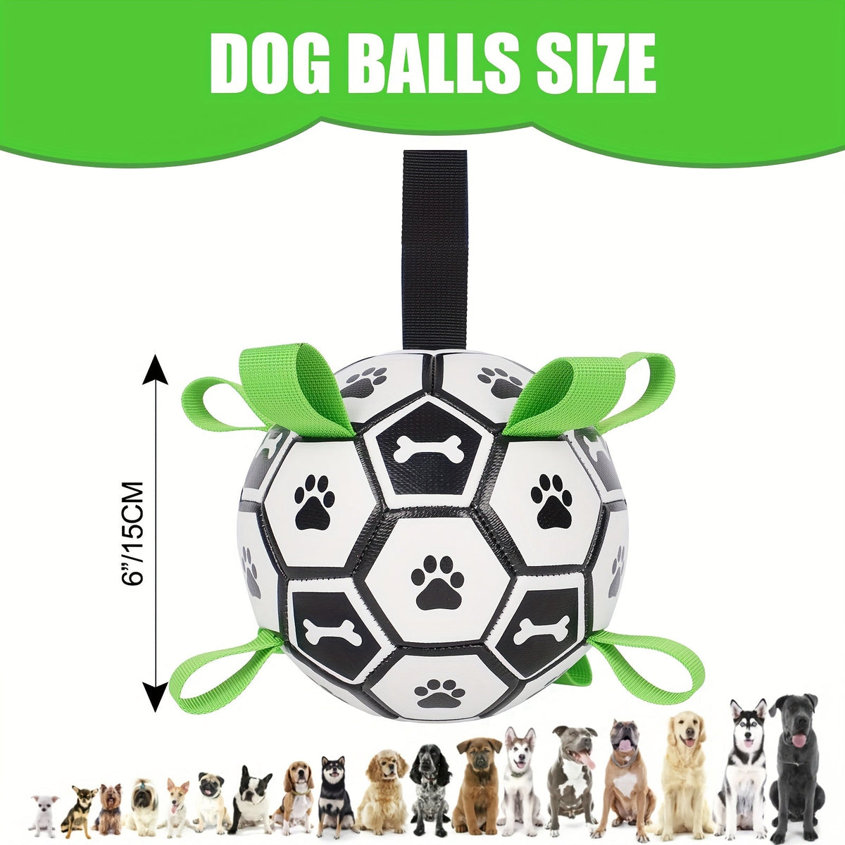Dog Toy Soccer Ball with Grip Straps in 6 or 7.25-Inch Sizes for Tug, Fetch and Water Play