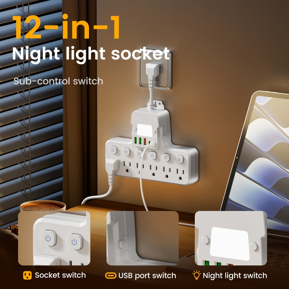 Desk Lamp Power Strip 12-in-1 with Adjustable LED Light, 6 AC Outlets & 5 USB Ports (3 USB-A + 2 USB-C)