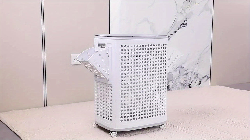 Wheeled Laundry Hamper Large Foldable with Dividers & Dust-Proof Lid – 360° Breathable Mesh Basket on Wheels, Reinforced Steel Base
