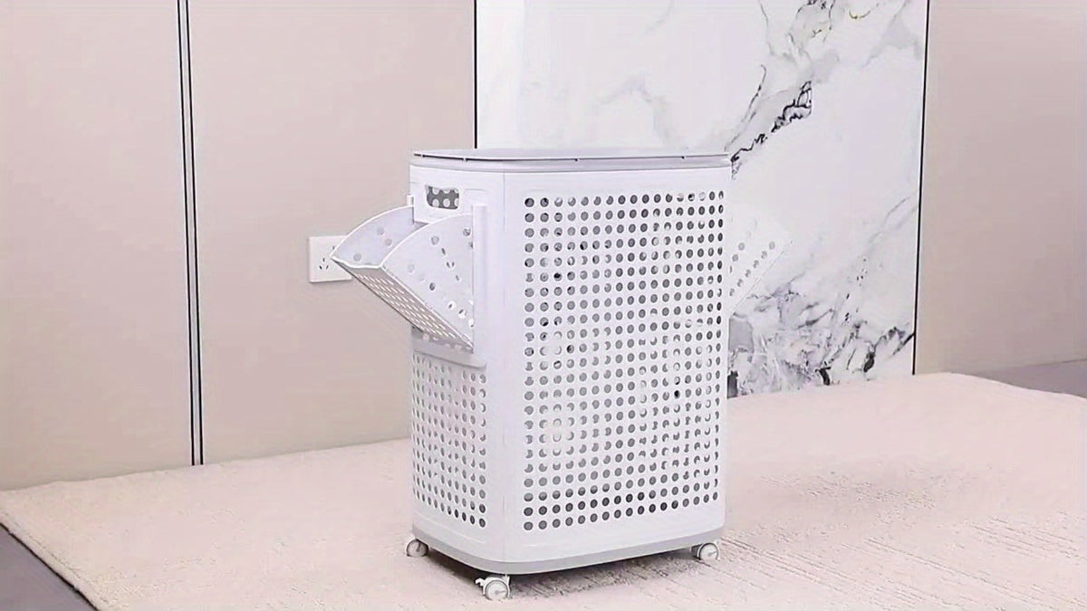 Wheeled Laundry Hamper Large Foldable with Dividers & Dust-Proof Lid – 360° Breathable Mesh Basket on Wheels, Reinforced Steel Base