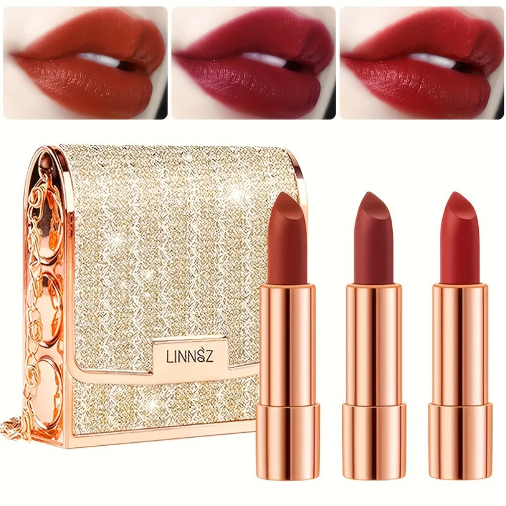 Matte Lipstick Gift Set 3 Pack Velvet Waterproof Long-Lasting Anti-Fading Intense Pigment Full Coverage Lip Color with Elegant Silvery Chain