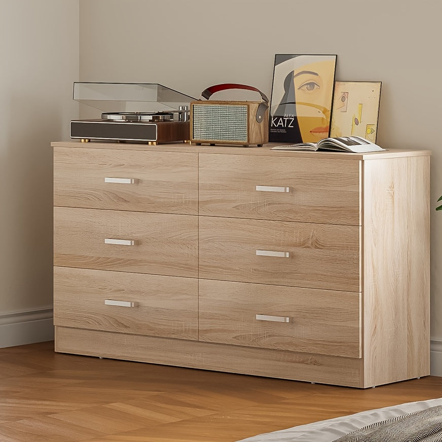 Dresser Six-Drawer Wide Wood-Look Storage Chest with Metal Pulls and Four Finish Options for Bedroom