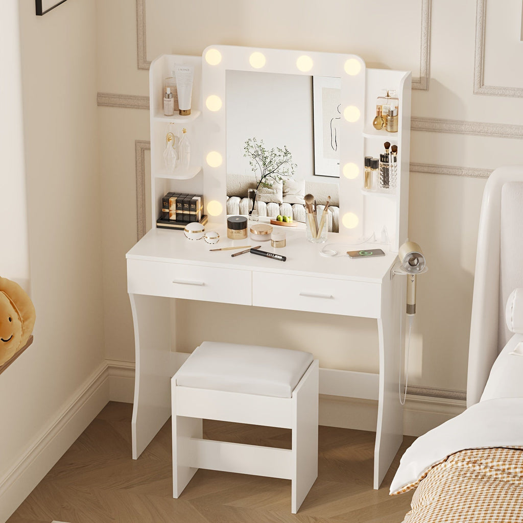 Six-Drawer Vanity Desk with Bulb-Framed Mirror, Side Shelving, Matching Stool and Five Finish Options
