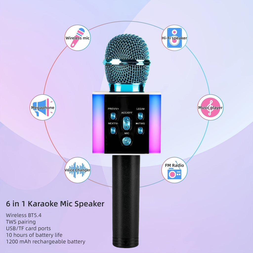6-in-1 Wireless Karaoke Microphone Speaker with LED Lights and TWS