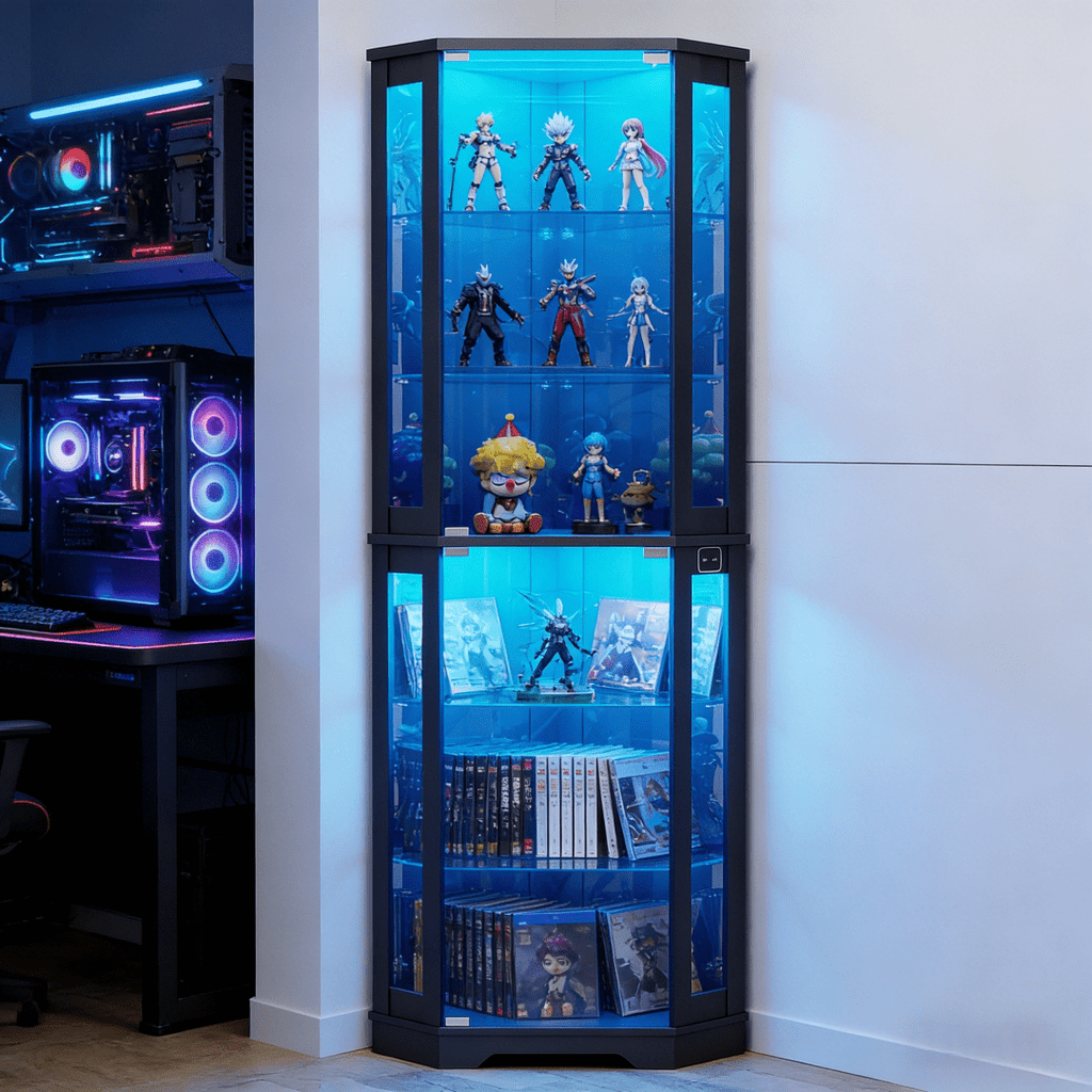 Six-Tier Corner Display Cabinet in Black with Tempered Glass Panels, LED Lighting and Push-Open Doors