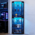 Six-Tier Corner Display Cabinet in Black with Tempered Glass Panels, LED Lighting and Push-Open Doors