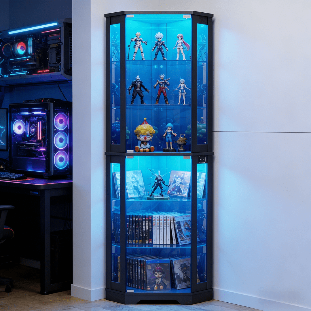 Six-Tier Corner Display Cabinet in Black with Tempered Glass Panels, LED Lighting and Push-Open Doors