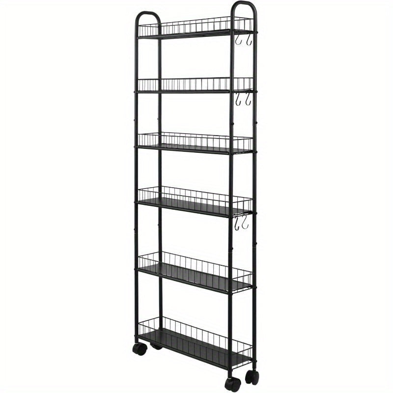 Storage Cart 6-Tier Narrow Metal Shelf with Four Rolling Wheels, Open Wire Baskets and 6 or 10-Inch Width Options