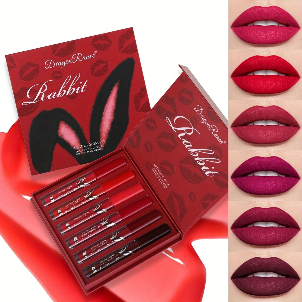 Lip Gloss Set by Dragon Ranee with 6 Red-Tone Matte Lip Colors, Tube Applicators and Gift Box